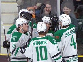 The Terriers celebrate a goal in front of excited fans Friday night at Stride Place. (Portage Terriers)