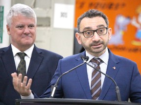 Transport Minister Omar Alghabra and MP Terry Sheehan speak at PUC Services on Wednesday, April 5, 2023 in Sault Ste. Marie, Ont. (BRIAN KELLY/THE SAULT STAR/POSTMEDIA NETWORK)