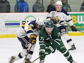 The Sherwood Park Crusaders dropped in the AJHL North Division Semi-Final's Game 5 to the Spruce Grove Saints with a 3-1 loss in an away game on Friday, March 31. Photo courtesy Target Photography