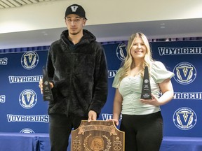Curler Bella Lehtimaki Croisier and basketball player Caillou Lacroix headlined the Laurentian Voyageurs’ annual awards ceremony on Tuesday evening as respective recipients of Female and Male Athlete of the Year honours.