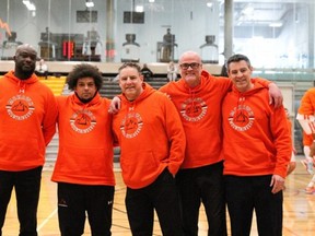 Brantford's Brian Jonker (middle) recently retired as the head coach of the men's basketball team at Mohawk College. Jonker, with assistant coaches (left to right) Mac Akrong, Colin Bayley, Mike Woodburn and Dan Jonker, Brian’s brother, holds the Mohawk coaching record for most regular-season wins (180) across any sport at the school. www.mohawkmountaineers.com