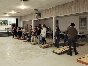 Each Wednesday eve Bonfield's Community Centre fills with members of the cornhole league.