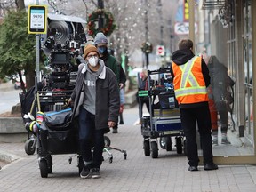 A production crew sets up a shot on Durham Street for Shoresy, a spinoff of the hit comedy series Letterkenny.