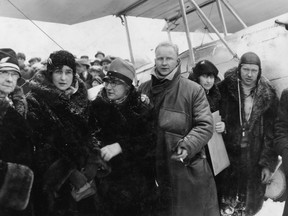 15 (Photo from Wop May Chronicles) “Wop” May and Vic Horner on arrival at Edmonton’s Blatchford Field, January 6, 1929, following Mercy Flight north to Fort Vermilion. Greeting the stiff, frozen, glad-to-be-home “heroes”: Mrs. Lee (perhaps Vic’s mother); Vic’s wife “Babe”; “Wop’s” mother, Elizabeth; Vic Horner; Vi and “Wop” May, beside Horner’s and May’s Commercial Airways Avro Avian open cockpit biplane.