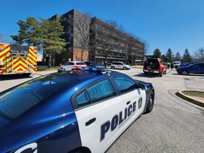 Sarnia police and firefighters were called shortly before noon Sunday to a fire inside an apartment building at 1150 Afton Dr. A resident died in the blaze that caused an estimated $100,000 in damage, officials said. (Twitter)