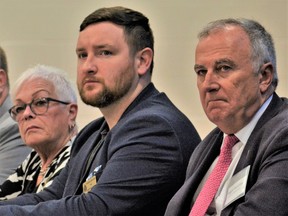 Belleville city councillors listen intently to speakers at the Homeless Summit Thursday at Quinte Sports and Wellness Centre. DEREK BALDWIN