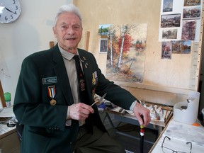 Kingston artist James Keirstead in his new painting studio at the Cataraqui Heights Retirement Residence on Thursday, April 13, 2023. Keirstead is wearing his Korea Veterans Association of Canada uniform as he was about to attend the funeral of the wife of a fellow member.