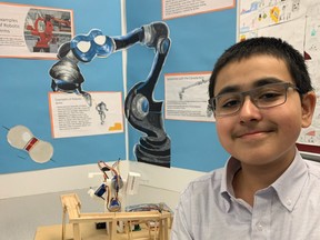 Kincardine District Senior School student Ibrahim Syed, 13, is competing at the Canada-Wide Science Fair taking place in Edmonton in May after winning a gold medal for his robotic arm at the Bluewater Regional Science and Technology Fair. Submitted photo.