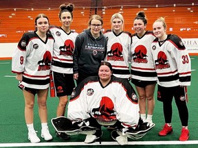 The Paris RiverWolves of the Women's Arena Lacrosse League had seven Chatham-Kent and Walpole Island players in the 2023 season. Goalie Jacqueline Ripley is in the front row. In the back, from left, are Morgan Gorry, Ryanne Logan, Megan Fox, Mya O'Neil, Ferrah Blackbird and Jade Barko. (Contributed Photo)