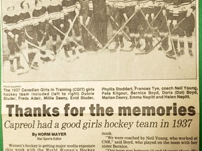 This clipping from The Sudbury Star, featuring a story by late former sports editor Norm Mayer on the 1937 Canadian Girls in Training hockey team from Capreol, was among a treasure trove discovered recently by columnist Randy Pascal.