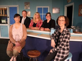 The cast of Norm Foster's Halfway There presented by HAWK Theatre. From left, Lianne Nicholson, Tom Barton, Julie Bullivant, Reanna Ramaker, and Lynn Shepherd-Adamson. Performances begin on April 30 at the Lucknow Town Hall Theatre. Photo by Kelly Kenny/Postmedia.