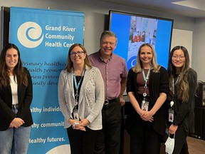 Grand River Community Health Centre has received a $130,800 grant from the Ontario Trillium Foundation. The funds will be used for the centre’s volunteer program and to provide “social prescribing” services to community members. On hand at a special event last week was, (from left to right): Gloria Ord (GRCHC), Chelsea Noiles (OTF), Lynda Kohler (GRCHC), Peter Szota (GRCHC), Carly Watson (GRCHC) and Lisa Doan (GRCHC). SUBMITTED