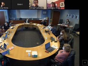 Armand Capisciolto (top of screen) delivered the Finance, Audit and Risk Committee to Sault Area Hospital’s open board of directors meeting Monday. SCREENSHOT
