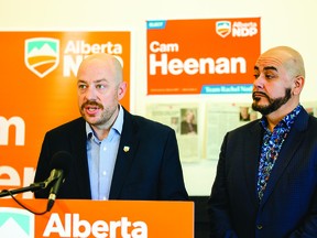 NDP Leduc-Beaumont Candidate Cam Heenan, and NDP Infrastructure Critic Rod Loyola announce the party's commitment to building a new high school in Beaumont if elected, at a press conference, April 24. (supplied)