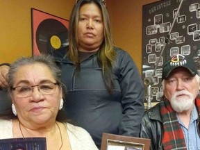 Arlene Keeshig, left, at a news conference about the death of her son Jerry Keeshig  press conference held in Owen Sound on April 28, 2023. With her is Jerry Keeshig's sister Melinda Keeshig and stepfather Eric Jenner. Jerry Keeshig died in Owen Sound on March 4, 2018 at the age of 35. On Friday the family discussed concerns about how the death investigation was handled, asked the Owen Sound Police Service to look into the case again and made recommendations to address inadequacies about how the deaths of Indigenous people are investigated.