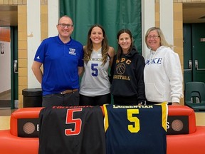 Laurentian University women's basketball coach Jason Hurley (left) stands with (left to right) recruit Molly Adams and North Park Collegiate coaches Rebecca Williams and Andrea Hawkins.