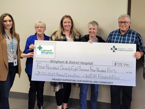 The Wingham and District Hospital (WDH) Foundation provided the Wingham hospital with $478,440 in funds during the 2022-2023 fiscal year. Pictured: Nicole Duquette, Wingham and District Hospital Foundation executive director; Penny Mulvey, Listowel Wingham Hospitals Alliance director; Dayna Deans, Wingham and District Hospital Foundation vice-chair; Peg Lockridge, Wingham and District Hospital Foundation treasurer; Doug Miller, Listowel Wingham Hospitals Alliance board chair; and Karl Ellis, Listowel Wingham Hospitals Alliance chief executive officer. Supplied photo.