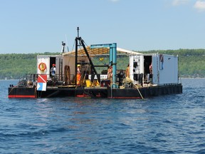 The Seneca Diver II pictured here on Colpoy's Bay, a diving barge used by the students and faculty of the college's underwater skills program. The college recently announced it will soon cancel the program. Doug Elsey/CADC.