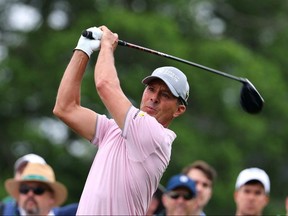 Canada's Mike Weir hits his tee shot on the 10th hole during the first round at the Masters at Augusta National Golf Club in Augusta, Ga., on April 6, 2023. REUTERS/Mike Blake
