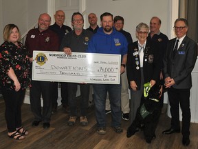 The Norwood Lions Club held their regular monthly dinner meeting on April 6 at the Norwood Town Hall. They used the opportunity to present or pledge over $14,000 in support to a number of local, provincial and international causes. Several special guests were in attendance to accept and express appreciation to our local club for their support. From left is Penny Wharram, Lion Don Radnor, Lion Lou Walst, Lion President Don Brickell, Lion Morgan Fiene, Jeremy Shumacher, Lion Andy Greaves, Lion Janet Marrison with Guide Dog Ambassador; King, Lion Paul Sherwin and Lion Doug White. JEFF DORNAN PHOTO