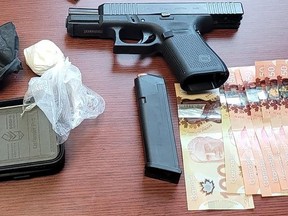 Prince Edward County OPP located drugs, cash and a loaded handgun during an investigation after police attempted to stop a vehicle on County Road 49 Wednesday, that fled from police. PEC OPP