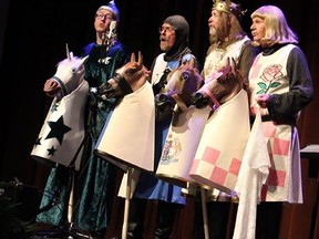 Particularly pleasing to the audience at the A Capella Quinte barbershop show Saturday was this Toronto-area quartet, The
Aristorats, playing medieval figures with comic lyrics. Also a hit was another world class quartet, Double Double. JACK EVANS PHOTO
