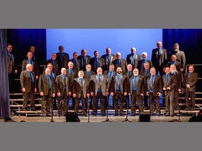 The Simcoe Gentlemen of Harmony's 34-member chorus on stage at the Ontario District Barbershop Competition in Belleville, where they won the provincial championship. SUBMITTED PHOTO