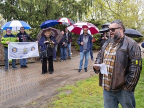 CUPE Local 181 member Andrew Dukeshire speaks during a ceremony at Fordview Park in Brantford on Friday April 28, 2023 to observe the National Day of Mourning.