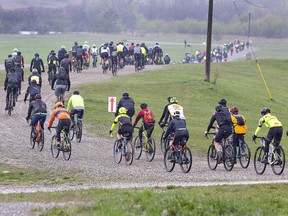 Cyclists in the 110 kilometer Paris To Ancaster Cento race start from the Paris Fairgrounds at 8 am on Sunday.