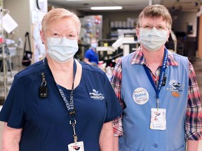 Volunteers Jean Kincade (left) and Donna Kincade in the emergency department at Brantford General Hospital. The sisters are among about 300 people who volunteer at BGH and Willett hospital in Paris.