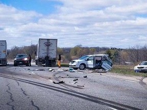 One person was killed in a four-vehicle crash on Highway 403 near Paris Road in Brant County on Wednesday afternoon. OPP PHOTO