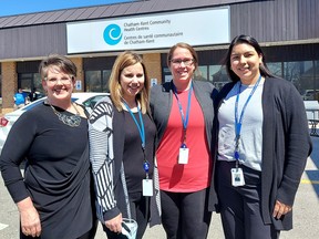 Chatham-Kent Community Health Centres aims to expand primary health care to hundreds of temporary foreign workers thanks to $329,000 a year in Ontario Health funding. Seen here are centres' executive director Sherri Saunders, left, clinic and client services manager Mallory Nowakowski, registered practical nurse Michelle Powers and health promoter Elissa Noah. (Ellwood Shreve/Chatham Daily News)