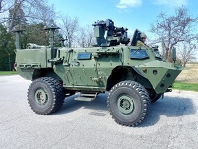 A tactical armored patrol vehicle arrives at Erickson Arena in Chatham on Saturday.  It was among the numerous military vehicles that were part of a military exercise involving nearly 650 reservists that took place across Chatham-Kent over the weekend.  PHOTOEllwood Shreve/Postmedia