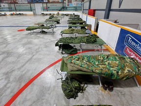 Several cots were set up at Erickson Arena in Chatham on Saturday to house some of the reservists with the 31 Canadian Brigade Group, who took part in a military exercise to respond to natural disasters that included training taking place in several communities across Chatham-Kent over the weekend.  PHOTOEllwood Shreve/Postmedia