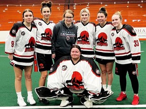 The Paris RiverWolves of the Women's Arena Lacrosse League had seven Chatham-Kent players this season. Goalie Jacqueline Ripley is in the front row. In the back, from left, are Morgan Gorry, Ryanne Logan, Megan Fox, Mya O'Neil, Ferrah Blackbird and Jade Barko. Contributed Photo