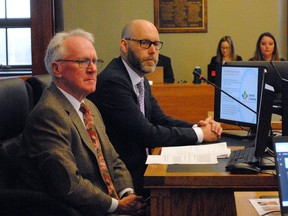 Upper Canada District School Board chair John McAllister, left, and director of education Ron Ferguson, during their presentation to the United Counties of SDG council on Monday April 24, 2023 in Cornwall, Ont. Greg Peerenboom/Special to the Cornwall Standard-Freeholder/Postmedia Network