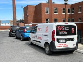 A fire alarm services van parked outside the Care Centre on Tuesday morning. Photo on Tuesday, April 4, 2023, in Cornwall, Ont. Todd Hambleton/Cornwall Standard-Freeholder/Postmedia Network