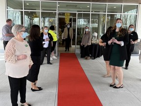 Staff at Southbridge Cornwall Long-term Care Home rolled out the red carpet to welcome former Parisien Manor residents to their new home on Wednesday. Photo on Wednesday, April 12, 2023, in Cornwall, Ont. Todd Hambleton/Cornwall Standard-Freeholder/Postmedia Network