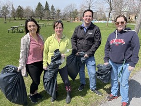 From left are St. Lawrence College student placement participant Gabrielle Ethier, with the city's Angela Parker, Francis Racine and Katherine Wells, in Lamoureux Park on spring cleanup day. Photo on Friday, April 21, 2023, in Cornwall, Ont. Todd Hambleton/Cornwall Standard-Freeholder/Postmedia Network