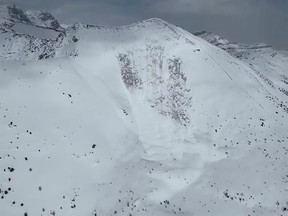 The western slope of Whitehorn Mountain at Lake Louise Ski Resort pictured after a fatal, skier-triggered avalanche on Saturday, April 22, 2023.