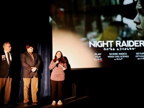 The National Canadian Film Day (CanFilmDay) presentation of ÒNight RaidersÓ at the Royal Theatre in Gananoque was introduced by three speakers. The film was made available to the Branch 92 Legion by CanFilmDay who decided to show the film at the theatre and donate all of the proceeds to the First PeopleÕs Festival held every September in Gananoque.  L-r, Legion President Bob Howard, Royal Theatre owner Kevin John Saylor, and Clarice Gervais of the First PeopleÕs Circle of the Thousand Islands.  Lorraine Payette/for Postmedia Network