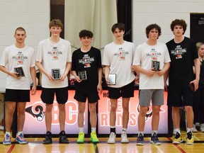 Leeds Grenville senior boys high school basketball first-team all-stars for 2022-2023 are, from left, Jamie DeJong of St. Mary, Andrew Dejong of Athens, Isaiah Beckstead of TISS, Coulton Kelsey of North Grenville and co-MVPs Wesley Finner of St. Michael and Andrew Plaschka of TISS. Submitted photo