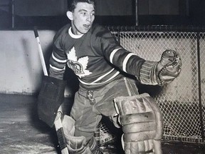 Seventeen-year-old Bob "Ox" Senior in action with the Toronto Marlboros junior hockey club in 1953-54.