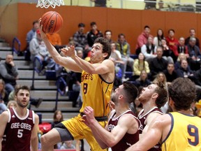 Cole Syllas of the Queen's Gaels basketball team in action against the Ottawa Gee-Gees at the Queen's Athletics and Recreation Centre on Sunday, Feb. 5, 2023. Queen's lost 82-52.