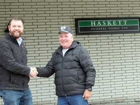 Haskett Funeral Homes is moving from its longtime Exeter location at 370 William St. to the newly-renovated former Canadian Tire building on Main Street. Pictured are Haskett president Colin Haskett, left, and developer Brad Baker, who is turning the former William Street funeral home into a 10-unit apartment building.