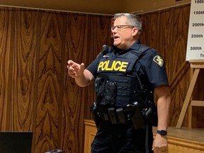 Huron OPP Const. Craig Soldan spoke at the Exeter legion Wednesday, April 26 about frauds and scams.