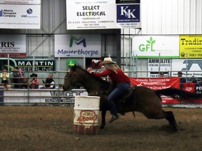 Whitecourt cowgirl Brandy Swaren took on ladies barrel racing in the Mayerthorpe Rodeo in 2022. Barrel racing competitions are currently being held in the Bohnet's Barrel Barn Saddle Series.