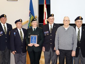 Attendees (l-r) Legion Past President Terry Nelson, Legion President James Mack, cadets Commanding Officer Barb Taylor, Bruce Kidd, Barry Fulford and Mac MacAskill gathered at the Mayerthorpe cadets' 60th anniversary. The cadets held a reunion recognizing the milestone at the Mayerthorpe Legion on April 22. Taylor received a plaque from the Legion congratulating the corps on the milestone.