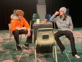 Oscar (Logan Maisonneuve) and Grover (Kaleb Harkins-Proulx) contemplate the good life while they wait for a drug delivery in “Overdose,” by Michael Buhler. The play, pictured in rehearsals at O’Gorman Catholic High School, won Best Actor and Best Performance awards at Dramafest in April. The play will be performed May 4 at Timmins High, with $15 tickets available at the door.