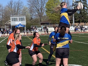 North Park Collegiate and Brantford Collegiate Institute battle for a lineout during an AABHN girls rugby game on Wednesday at Bisons Alumni North Park Sports Complex. Staff